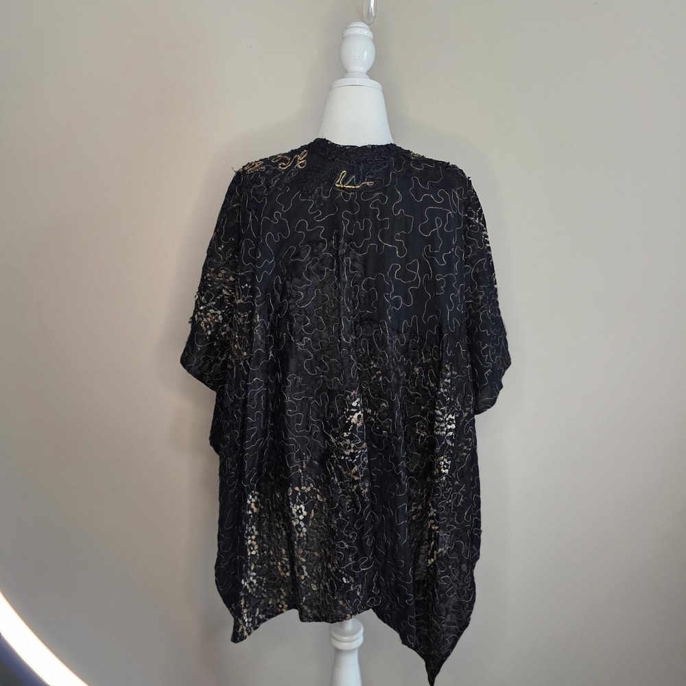 Chico's Kimono Wrap Women One Size Black Gold Embroidered Sequin Sheer Boho Chic - Picture 6 of 14